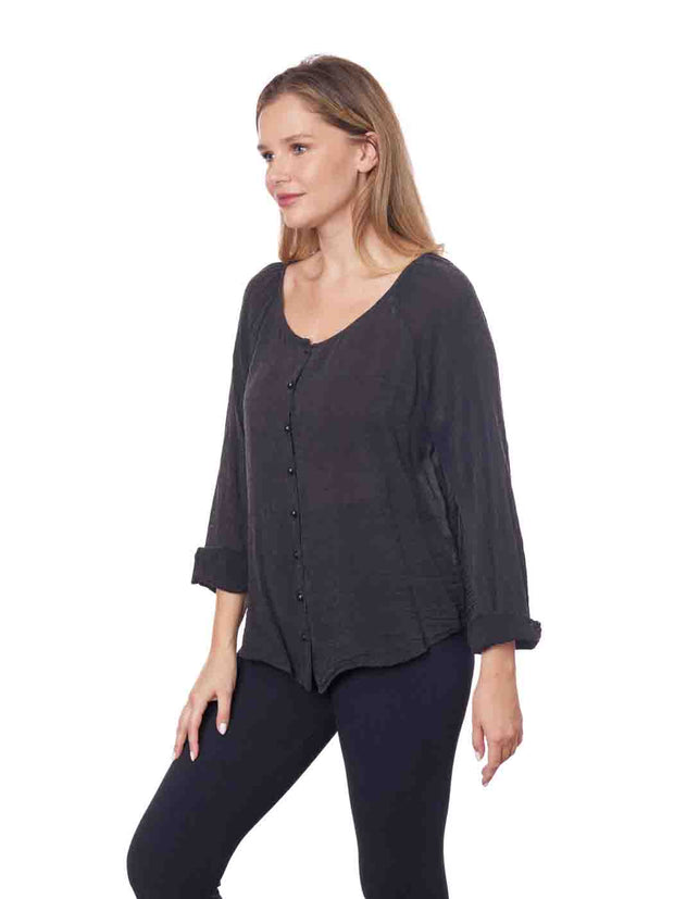 Tianello  Sueded "Cupro" Long Sleeve "Jill" Blouse-Black