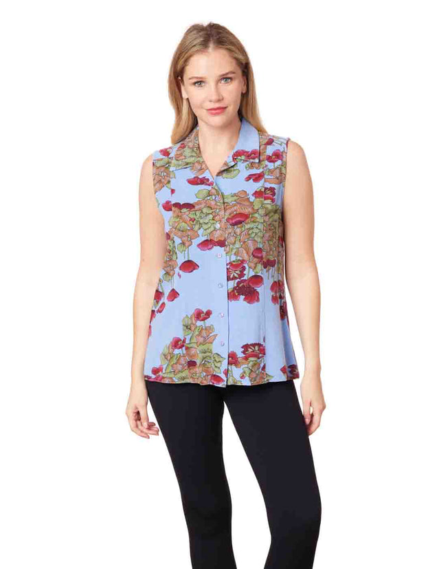 Tianello TENCEL™ printed  "Poppy" Sleeve Less "Monica" Blouse-Periwinkle