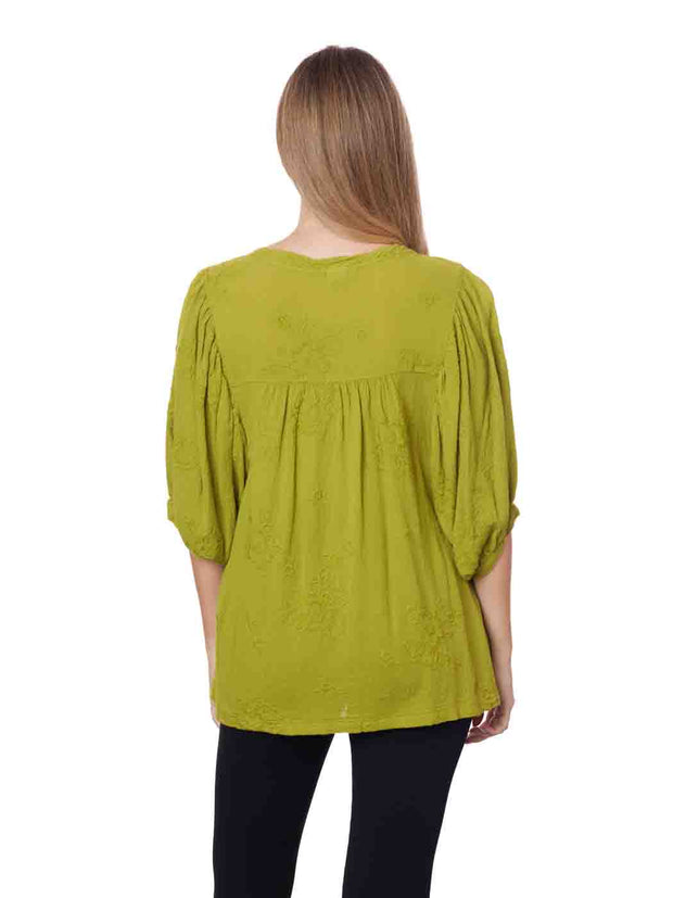 Tianello "Holly" Embroidered Cotton "Touch" Blouse - Hemp Green