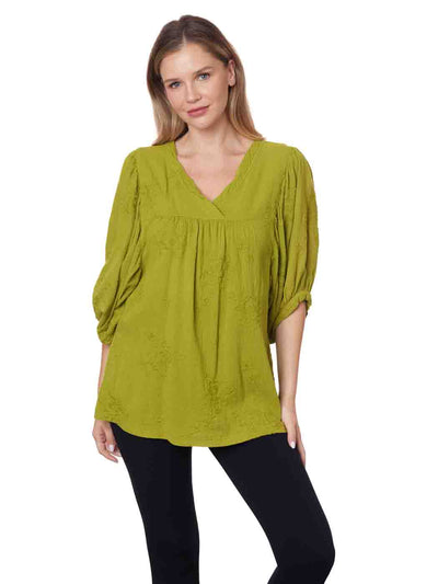 Tianello "Holly" Embroidered Cotton "Touch" Blouse - Hemp Green