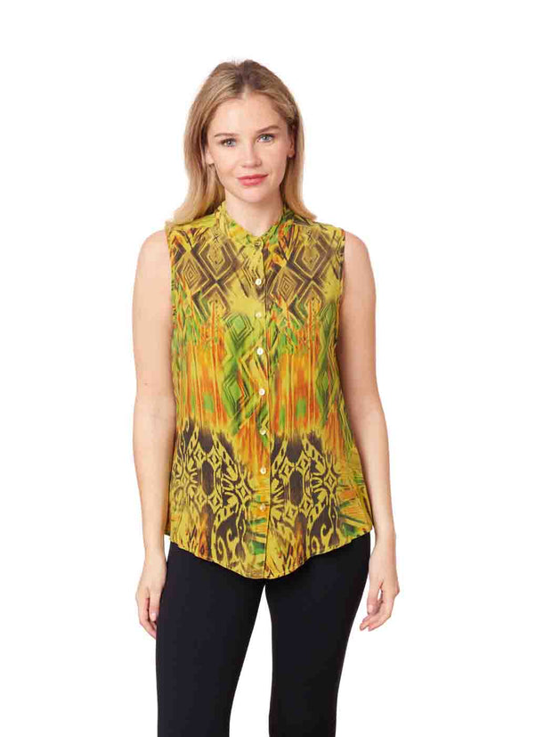 Tianello print "Machu Picchu" 100% Washable Silk "Ming" Sleeveless Blouse-Citrus