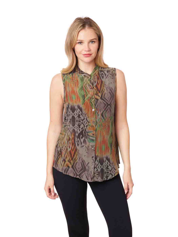 Tianello print "Machu Picchu" 100% Washable Silk "Ming" Sleeveless Blouse-Moss