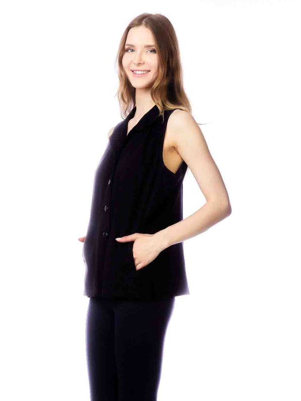 TENCEL™  Sleeveless "Oxford" Vest Jacket with Side Pockets-Black