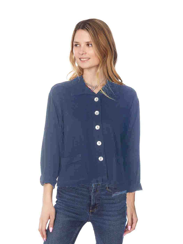 Tianello TENCEL™ Crop "Ishta" Jacket with Front Pockets-Indigo