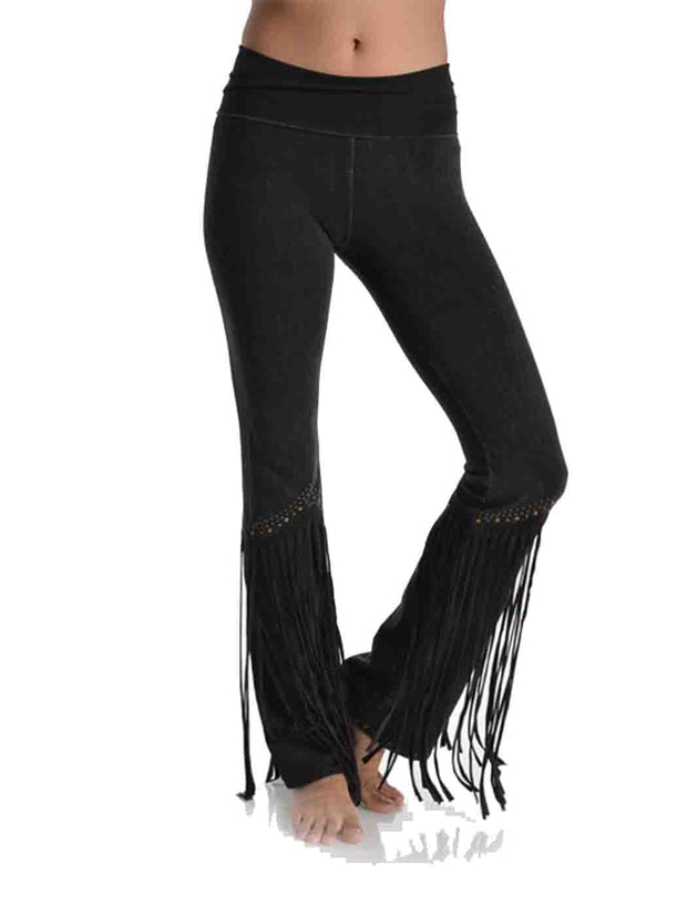 T-Party Women's Mineral Wash Fringed Yoga Pants - Black